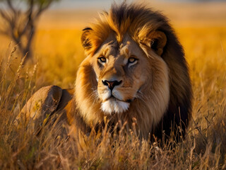 Obraz premium Majestic lion basks in savanna, embodying power, grace, and wilderness allure.