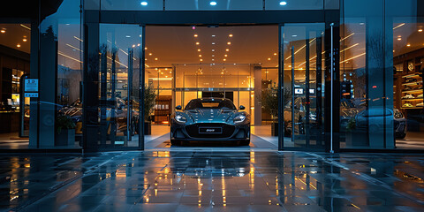 sleek high-end front entrance shot of a car dealership, clean, high standard