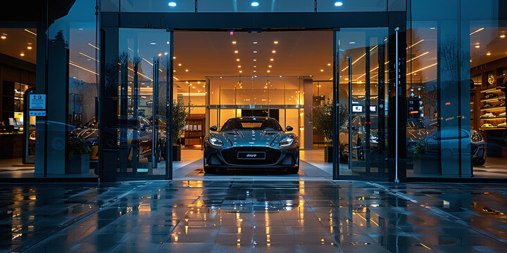sleek high-end front entrance shot of a car dealership, clean, high standard