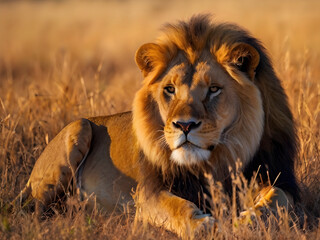 Regal lion in golden savanna. power, grace, and raw beauty.