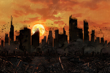 Golden sun setting behind the devastated urban skyline with a fiery backdrop