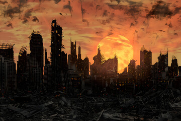 Dramatic apocalyptic view of a ruined cityscape under a glowing sunset sky