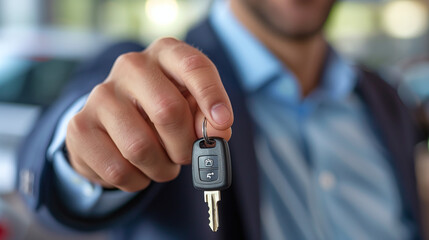 Close-up of salesman holding new car key in a car dealership, acquisition