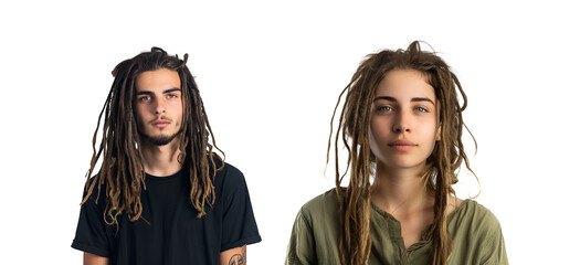 Hipster Man and Woman in Closeup Portrait with Set of Dreadlocks, Isolated on Transparent...
