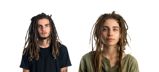 Hipster Man and Woman in Closeup Portrait with Set of Dreadlocks, Isolated on Transparent Background, PNG