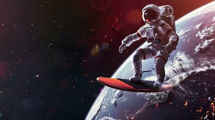 astronaut on surfing board isolated on space background with copy space colorful