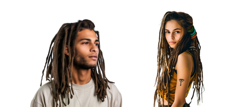 Hipster Man and Woman Showcasing Set of Dreadlocks in Closeup Portrait, Isolated on Transparent Background, PNG