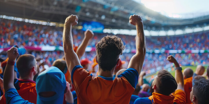 Excited sports fans cheering in a stadium, vibrant crowd during a daytime match, emotional support for their team