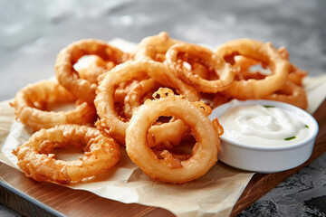 Close up of pile of fried crispy onion rings with white sauce on cutting board on grey concrete background. Tasty snack for beer