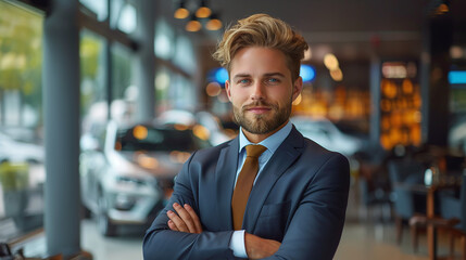 portrait of a young car salesman wearing a formal suit, in a car dealership facility