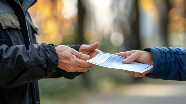 Person handing an advertising flyer to another. Exchange of promotional material. Concept of direct marketing, promotion, and interaction.