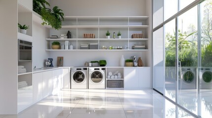 Sleek laundry room with modern appliances and open shelving, bathed in natural light. Modern laundry room interior. Concept of home organization, clean design, functional spaces, and modern living.
