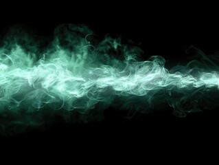 Fototapeta premium Horizontal stream of pale greenish-blue toxic smoke on a dark background. Background or wallpaper. AI generative.