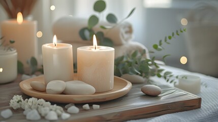 Hyacinth candles in simple, natural packaging, surrounded by serene spa decorations like eucalyptus leaves and river stones. Shot in 8K