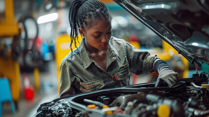 young black mechanic woma  repairing a modern car