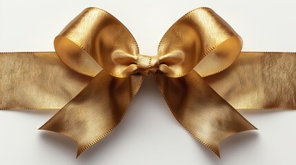 A gold bow with a ribbon on a white background.