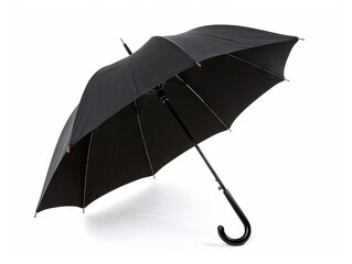 A black umbrella is open on a white background.