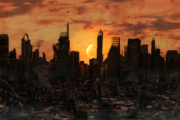 Apocalyptic cityscape at sunset with ruins and dramatic sky