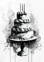 birthday cake, celebration, white black watercolor illustration