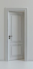 An open door in a white room.