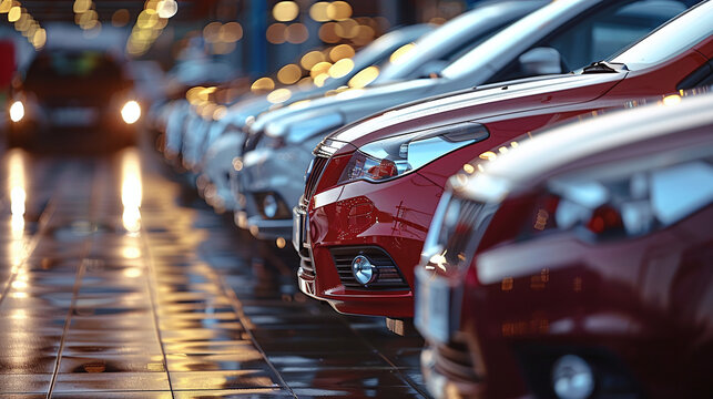 row of red abd white cars in the parking lot of a car dealership facility, mass production, second hand cars
