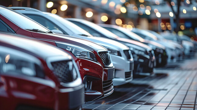 row of red abd white cars in the parking lot of a car dealership facility, mass production, second hand cars