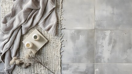 Minimalist flat lay with concrete tiles, fabric, and light gray and beige paint samples.