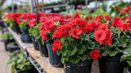 Pelargonium red flowers available for purchase at a garden store during the spring period