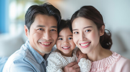 Obraz premium Joyful Asian family with smiling parents and child, close-up portrait in a bright, cozy home setting