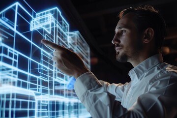 Exploring virtual reality: businessman points to holographic building