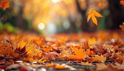 Close-Up of Golden Autumn Leaves. Natural Background with Beautiful Orange Bokeh.