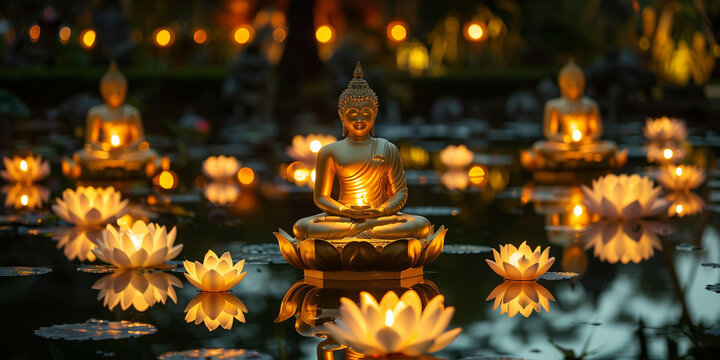 Enchanting scene of a Buddha statue surrounded by glowing lotus lights on water during Vesak Day celebration