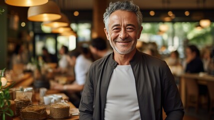 Fototapeta premium Man in Apron Standing in Front of Bar