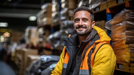 Obraz premium Man in Orange Vest Standing by Pile of Orange Bags