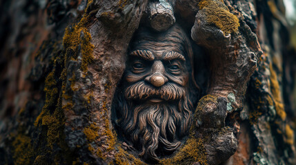 An inspiring shot of a wise old tree inhabited by a friendly gnome, with his weathered face and twinkling eyes conveying centuries of wisdom. Dynamic and dramatic composition, with