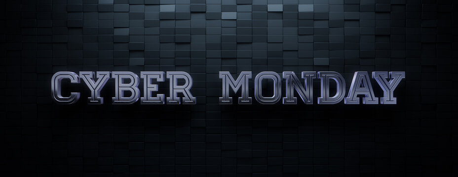 Rectangle Tile Background with Chrome Cyber Monday Text. Premium 3D Promotional Banner with copy-space.