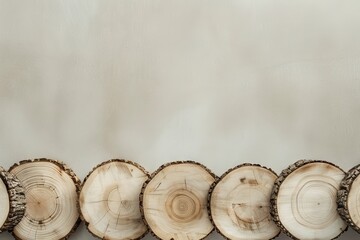 A row of wood slices on a white wall.