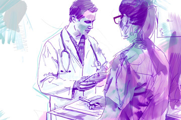 An artistic illustration of a doctor in a white coat consulting a patient in a clinical setting with purple hues