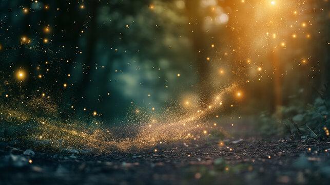 An enchanting close-up of a fairy dust trail left behind by a playful sprite, with sparkling particles illuminating the air like a trail of stardust. Dynamic and dramatic compositi