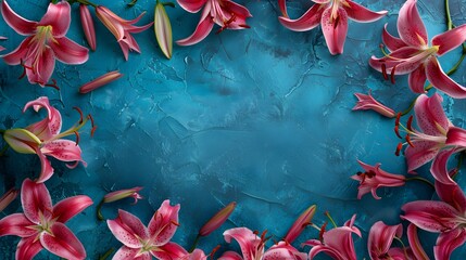 Stargazer lilies elegantly arranged around an open space on a cobalt surface.
