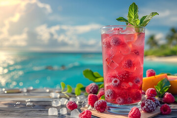 Fresh summer drinks cocktails with berries, fruits, ice and frost on glasses. Vacation open beach...