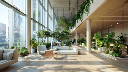 Sustainable architecture featuring floor-to-ceiling windows with natural light illuminating indoor greenery