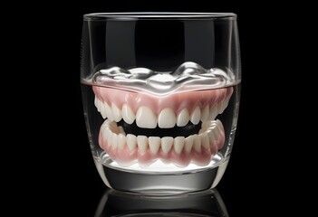 A glass containing a set of dentures or false teeth floating in a clear liquid