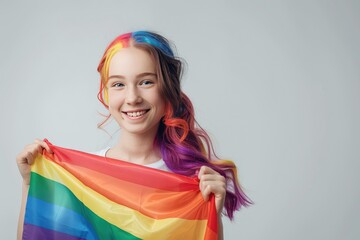 Woman with multicolored hair holding rainbow flag at pride parade, banner