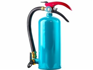 A blue fire extinguisher with a red hose.