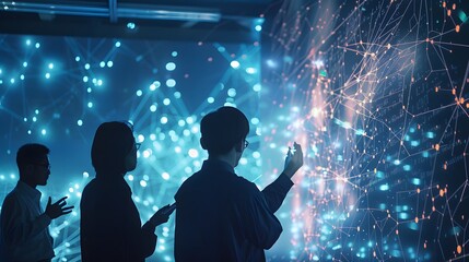 Technicians analyzing cloud network performance, with data points projected around them in the air like augmented reality.