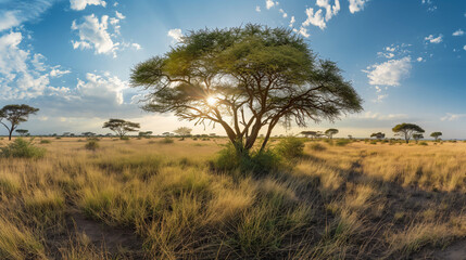 Majestic acacia tree in African savannah at sunset