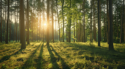 Obraz premium Sunlight filtering through tall trees in a dense forest