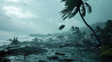 Tropical Storm Unleashes Havoc on Coastal Town. Intense wind and flying debris amidst bent and broken palm trees