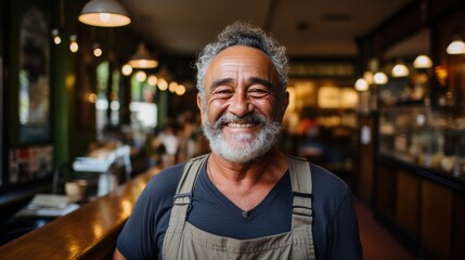 Obraz premium Man in Apron Standing in Front of Bar